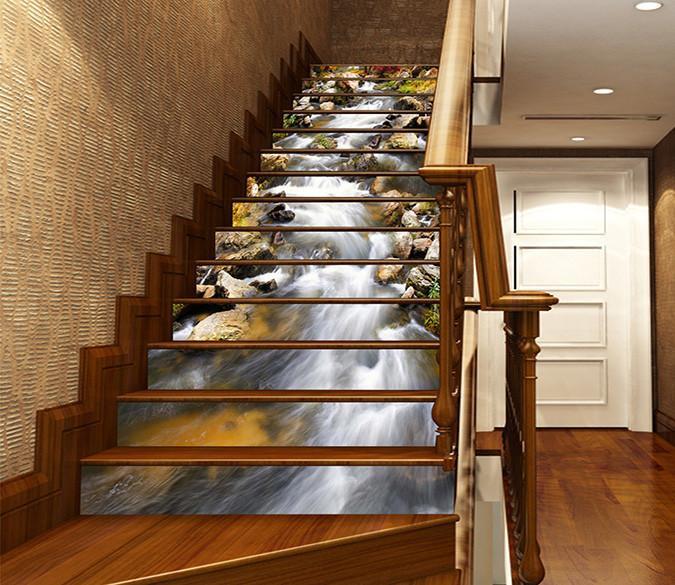 3D Flowing Creek Stones 1358 Stair Risers Wallpaper AJ Wallpaper 