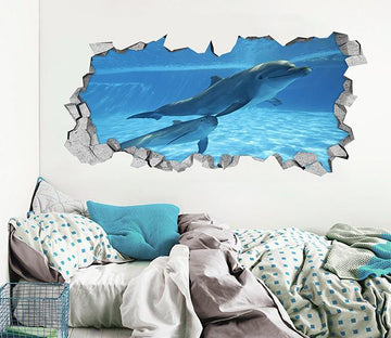 3D Sea Swimming Dolphins 046 Broken Wall Murals Wallpaper AJ Wallpaper 