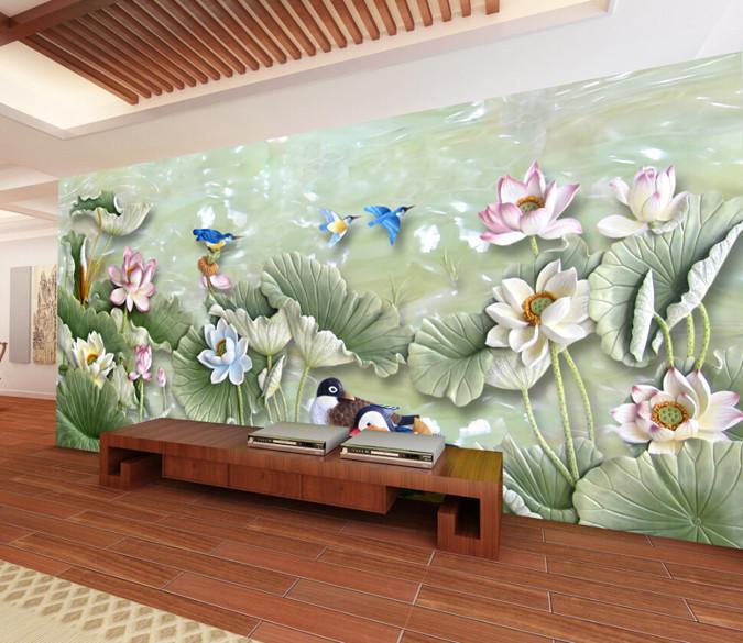 3D Jade Lotus And Colorful Birds Wallpaper AJ Wallpaper 1 