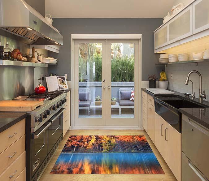 3D Lakeside Color Trees Kitchen Mat Floor Mural Wallpaper AJ Wallpaper 