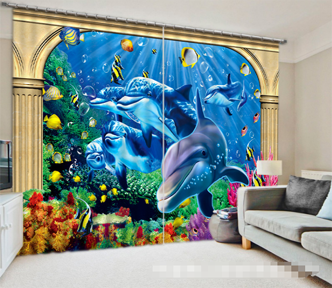 3D Seabed Pillars Dolphins 1349 Curtains Drapes Wallpaper AJ Wallpaper 