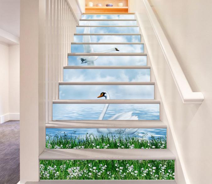 3D Lake Swans 381 Stair Risers Wallpaper AJ Wallpaper 