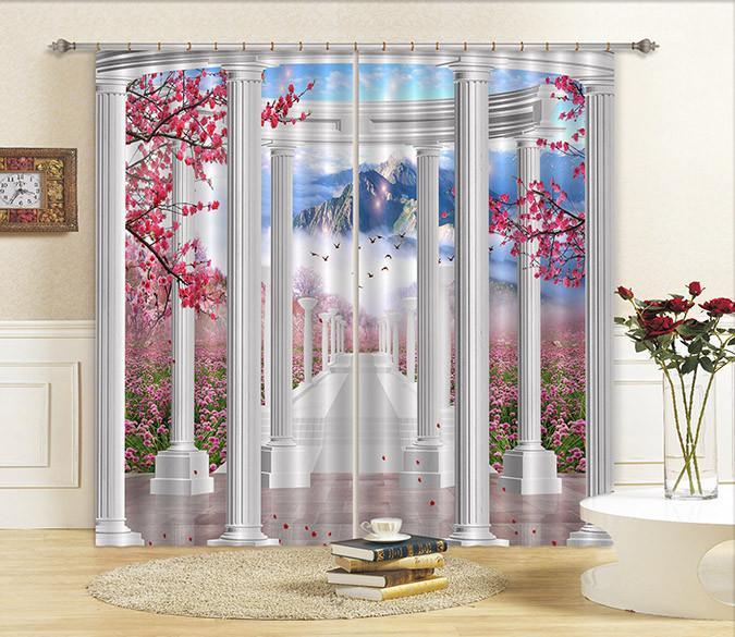 3D Pillars Corridor Flowers Curtains Drapes Wallpaper AJ Wallpaper 