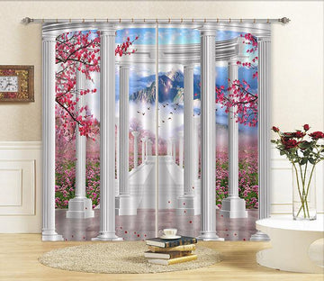 3D Pillars Corridor Flowers Curtains Drapes Wallpaper AJ Wallpaper 