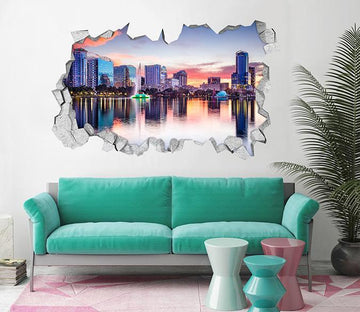 3D City Lake Scenery 095 Broken Wall Murals Wallpaper AJ Wallpaper 
