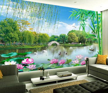 3D Bridge Lotus Pond Tree Wallpaper AJ Wallpaper 1 