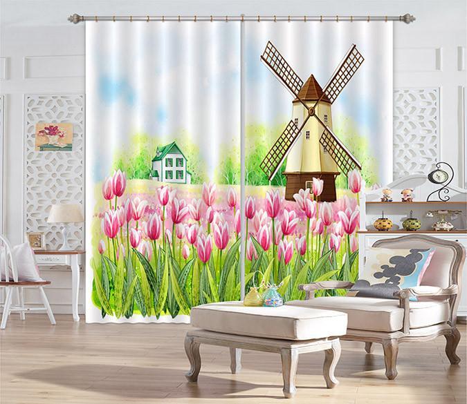 3D Tulips Windmill 425 Curtains Drapes Wallpaper AJ Wallpaper 