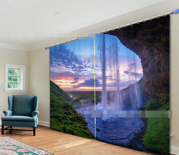 3D Cave Falls Sunset Scenery 2215 Curtains Drapes Wallpaper AJ Wallpaper 