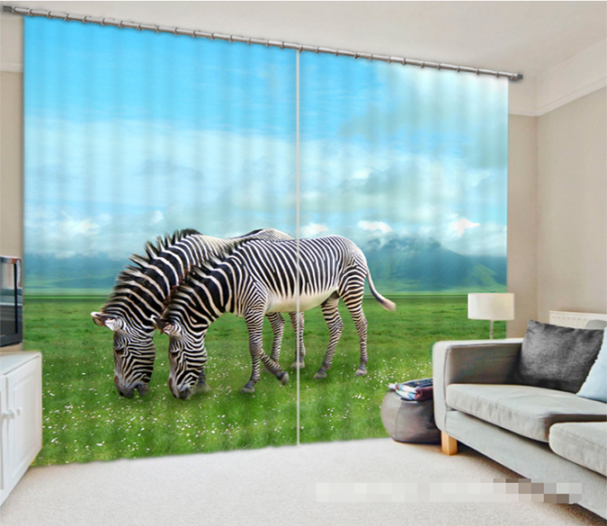 3D Grassland Zebras 1221 Curtains Drapes Wallpaper AJ Wallpaper 