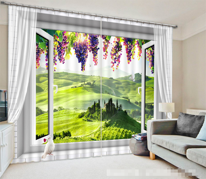 3D Window Grapes Hilly Grassland 1099 Curtains Drapes Wallpaper AJ Wallpaper 