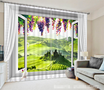 3D Window Grapes Hilly Grassland 1099 Curtains Drapes Wallpaper AJ Wallpaper 