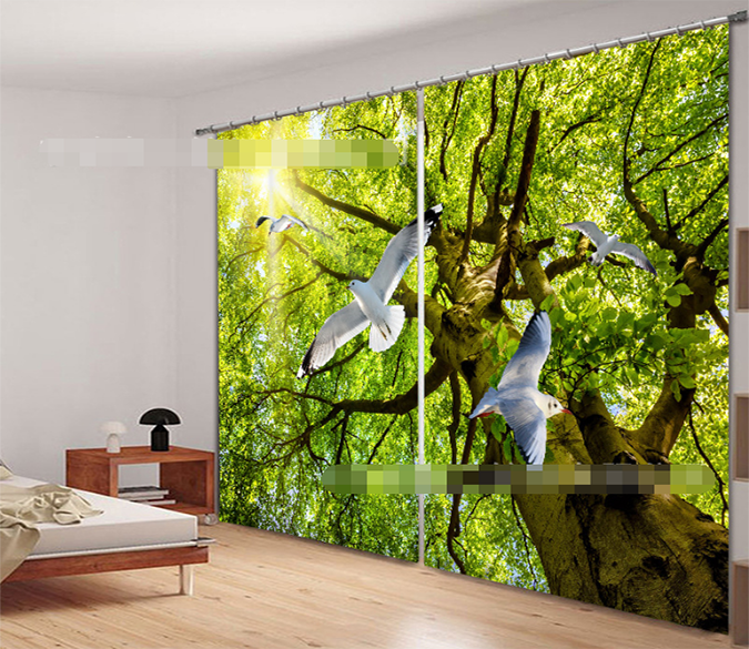 3D Tall Green Tree Birds 931 Curtains Drapes Wallpaper AJ Wallpaper 