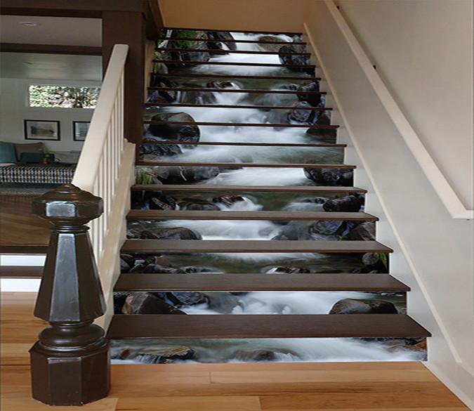 3D River Black Stones 1403 Stair Risers Wallpaper AJ Wallpaper 