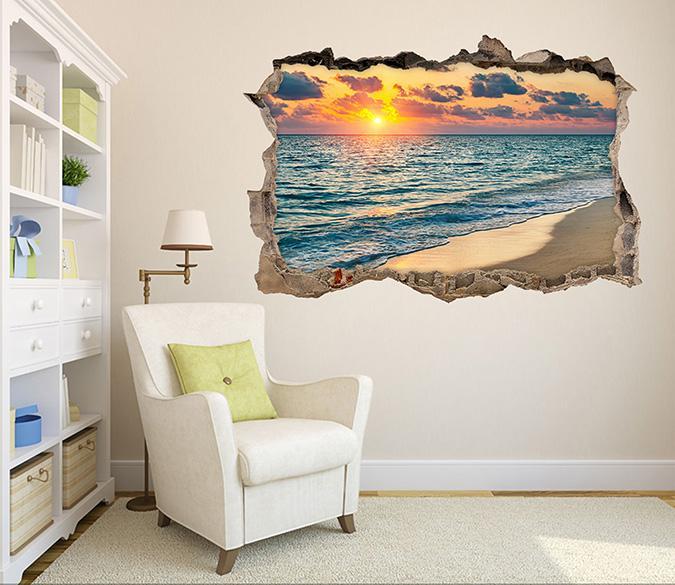3D Sea Sunset 043 Broken Wall Murals Wallpaper AJ Wallpaper 
