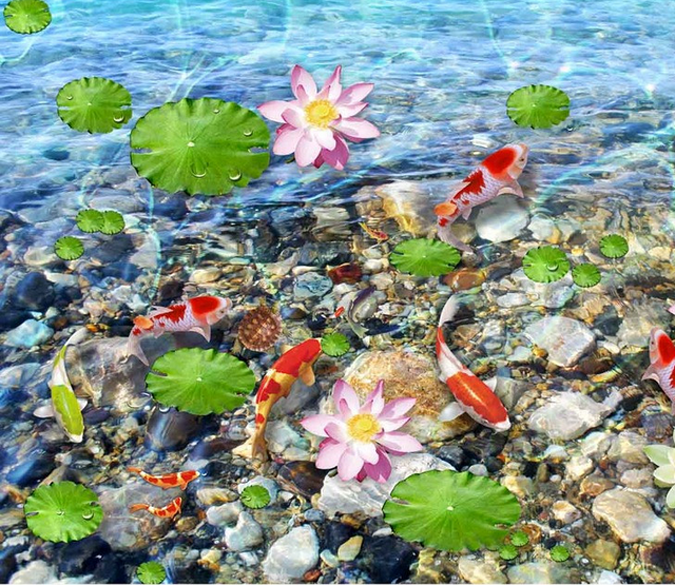 3D Lotus And Fish Floor Mural Wallpaper AJ Wallpaper 2 