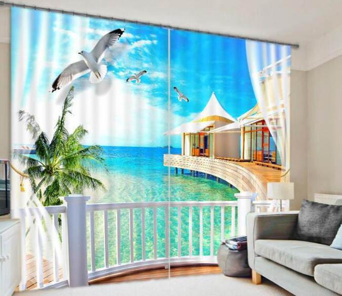 3D Pavilion Balcony Sea Scenery 922 Curtains Drapes Wallpaper AJ Wallpaper 
