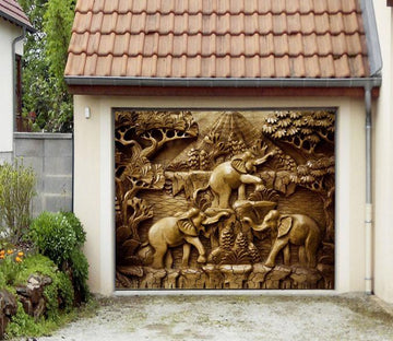 3D Elephants Wood Carvings 427 Garage Door Mural Wallpaper AJ Wallpaper 