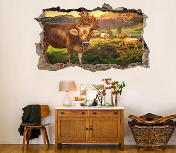 3D Grassland Cattle 321 Broken Wall Murals Wallpaper AJ Wallpaper 