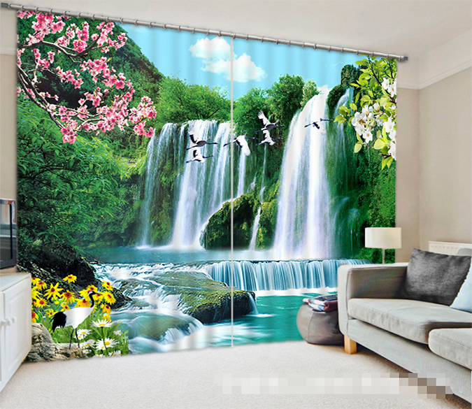 3D Waterfall Flowers Birds 1033 Curtains Drapes Wallpaper AJ Wallpaper 