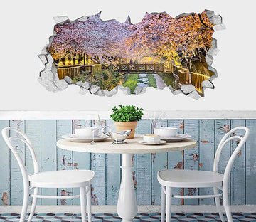 3D Riverside Flowering Trees 086 Broken Wall Murals Wallpaper AJ Wallpaper 