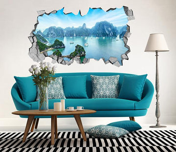 3D Mountains Lake Boats 115 Broken Wall Murals Wallpaper AJ Wallpaper 