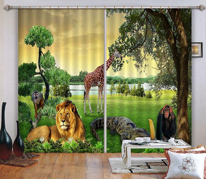 3D Lakeside Lawn Animals Curtains Drapes Wallpaper AJ Wallpaper 
