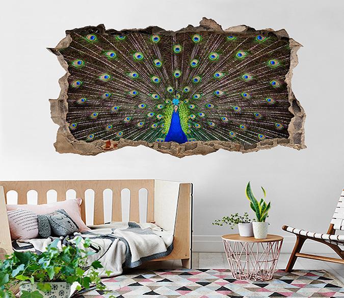 3D Opening Tail Peacock 174 Broken Wall Murals Wallpaper AJ Wallpaper 