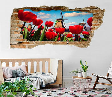 3D Lakeside Flowers Windmill 371 Broken Wall Murals Wallpaper AJ Wallpaper 