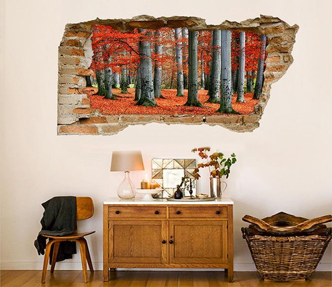 3D Forest Red Trees 354 Broken Wall Murals Wallpaper AJ Wallpaper 
