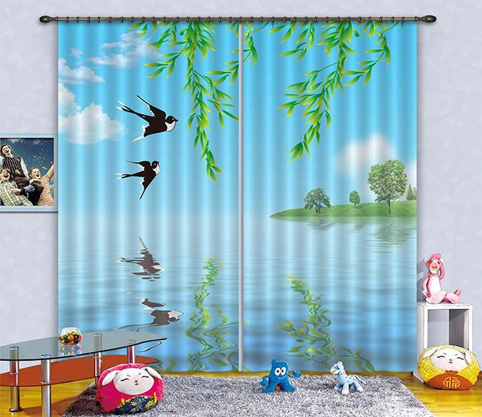 3D Lake Flying Swallows 160 Curtains Drapes Wallpaper AJ Wallpaper 