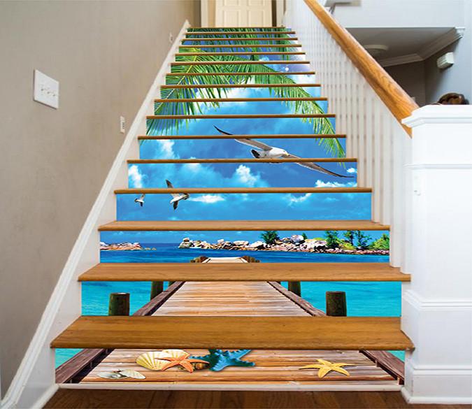 3D Blue Sea Wood Bridge 1286 Stair Risers | AJ Wallpaper