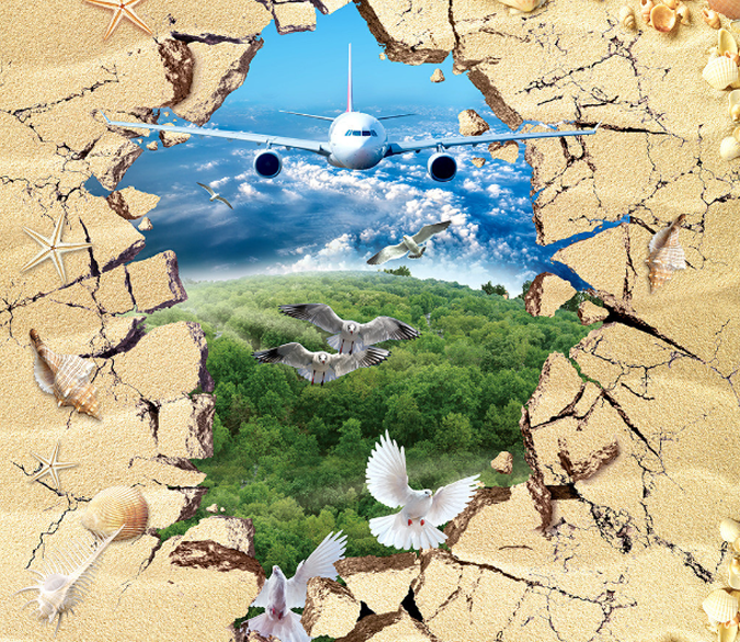 3D Plane And Birds Floor Mural Wallpaper AJ Wallpaper 2 