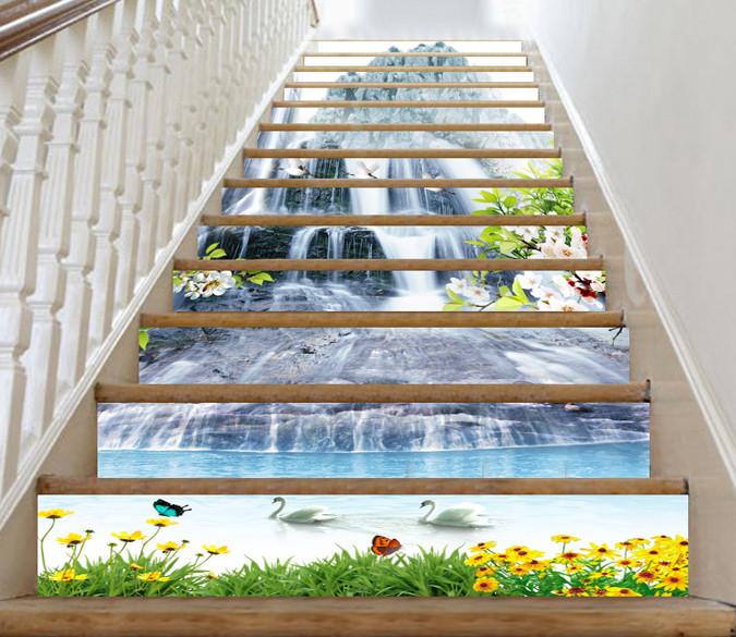 3D Waterfall And Flowers 414 Stair Risers Wallpaper AJ Wallpaper 