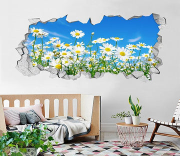3D Flowers Field Blue Sky 399 Broken Wall Murals Wallpaper AJ Wallpaper 