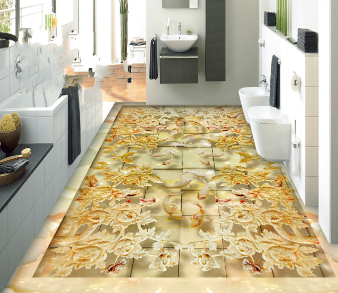 3D Flowers And Fishes Floor Mural Wallpaper AJ Wallpaper 2 