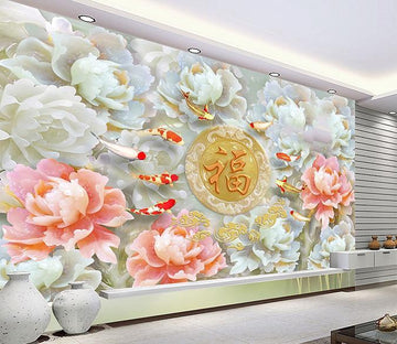 3D Embossed Flower Fish 287 Wallpaper AJ Wallpaper 