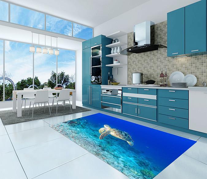 3D Seabed Swimming Turtle Kitchen Mat Floor Mural Wallpaper AJ Wallpaper 