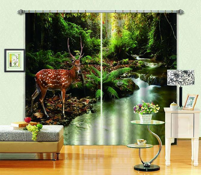 3D Forest River Deer 763 Curtains Drapes Wallpaper AJ Wallpaper 