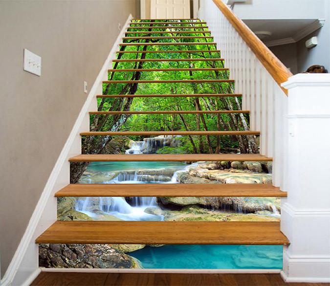 3D Green Forest Blue River 741 Stair Risers Wallpaper AJ Wallpaper 