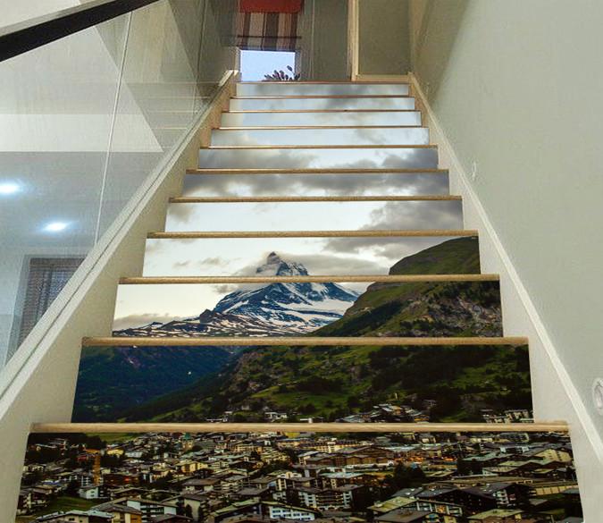 3D Pretty Mountain Town 14 Stair Risers Wallpaper AJ Wallpaper 