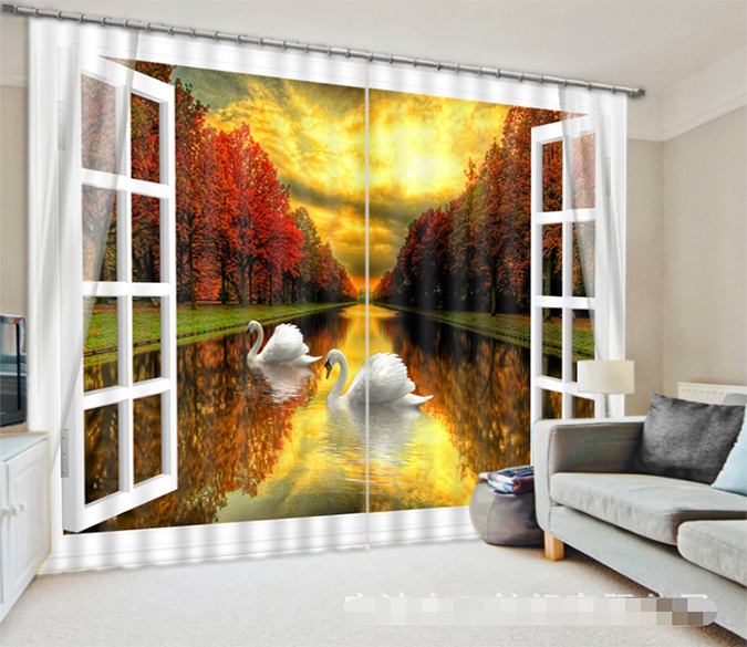 3D Window River Swans 1323 Curtains Drapes Wallpaper AJ Wallpaper 