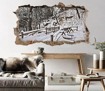 3D Snow Covered Forest Bridge 075 Broken Wall Murals Wallpaper AJ Wallpaper 