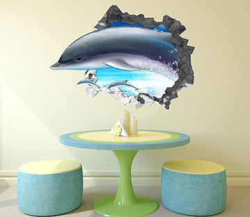 3D Sea Jumping Dolphins 87 Broken Wall Murals Wallpaper AJ Wallpaper 