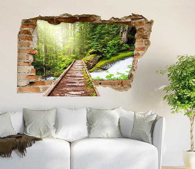 3D Forest River Wood Bridge 358 Broken Wall Murals Wallpaper AJ Wallpaper 