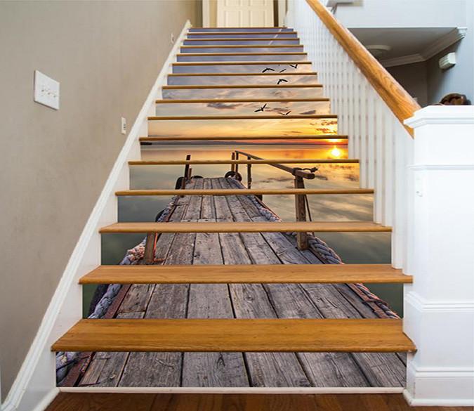 3D Sea Wood Bridge Sunset 1570 Stair Risers Wallpaper AJ Wallpaper 