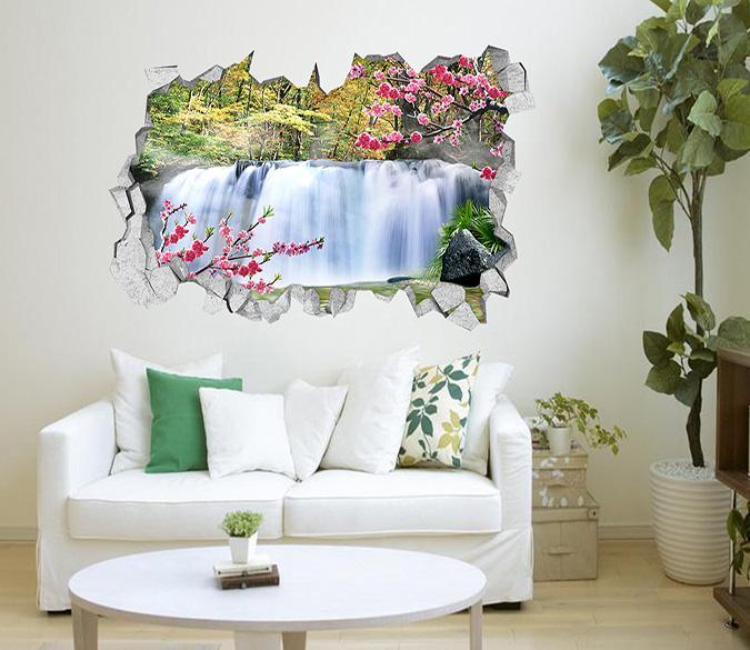 3D Mountain Flowers Waterfall 130 Broken Wall Murals Wallpaper AJ Wallpaper 