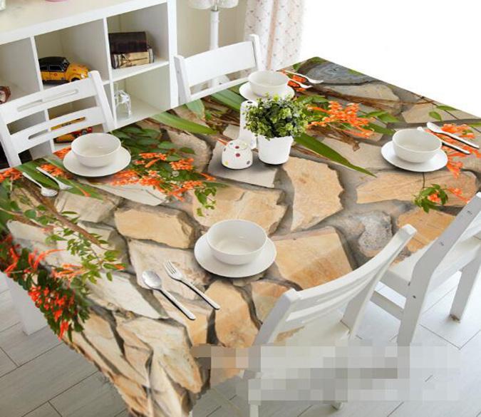 3D Stones Wall Flowers 893 Tablecloths Wallpaper AJ Wallpaper 