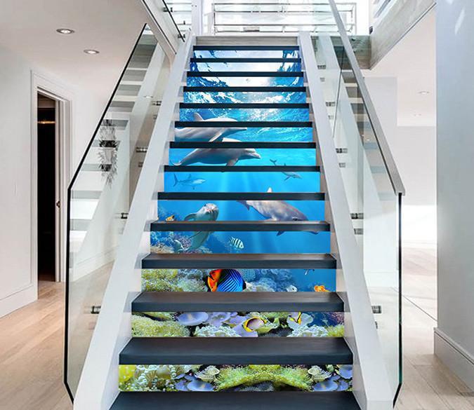 3D Pretty Seabed Dolphins 1410 Stair Risers Wallpaper AJ Wallpaper 