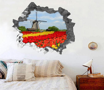 3D Flowers Field Windmill 202 Broken Wall Murals Wallpaper AJ Wallpaper 
