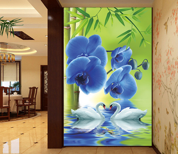 Bamboos And Blue Flowers Wallpaper AJ Wallpaper 